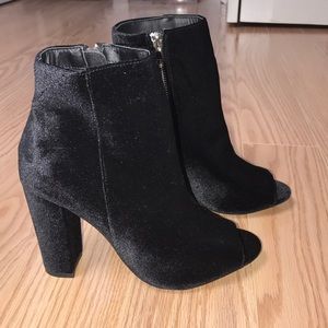 Black velvet peep toe booties